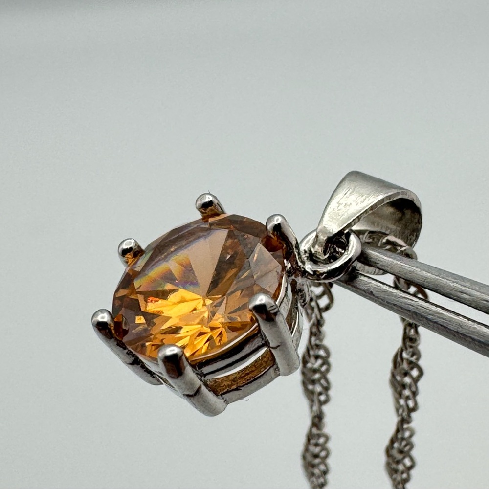 Beautiful Silver Round Champagne CZ Pendant Necklace 18”